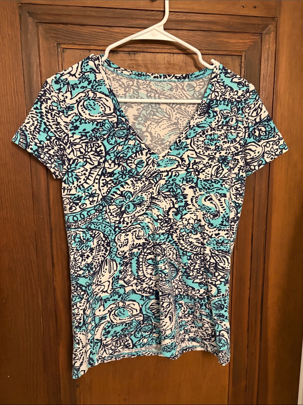 Women's V-Neck Printed Tee in Turquoise & Navy